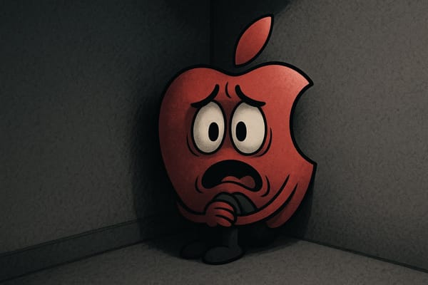 A cowering, red Apple logo with cartoon eyes and hands, huddled in a dark corner, looking fearful and anxious.